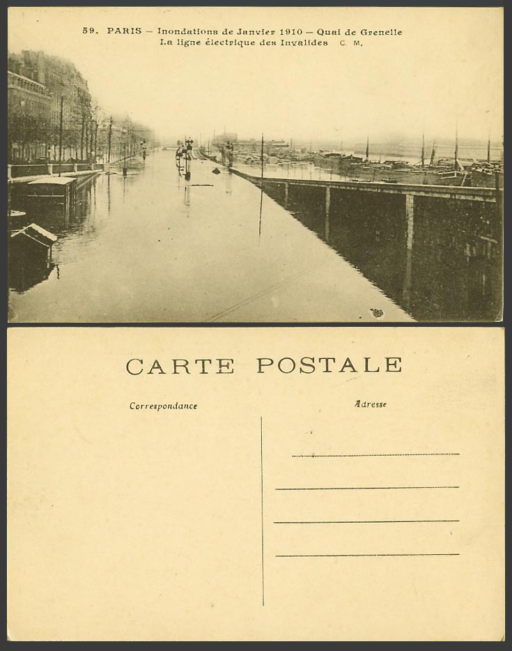 PARIS FLOOD 1910 Old Postcard Quai de Grenelle La Ligne electrique des Invalides