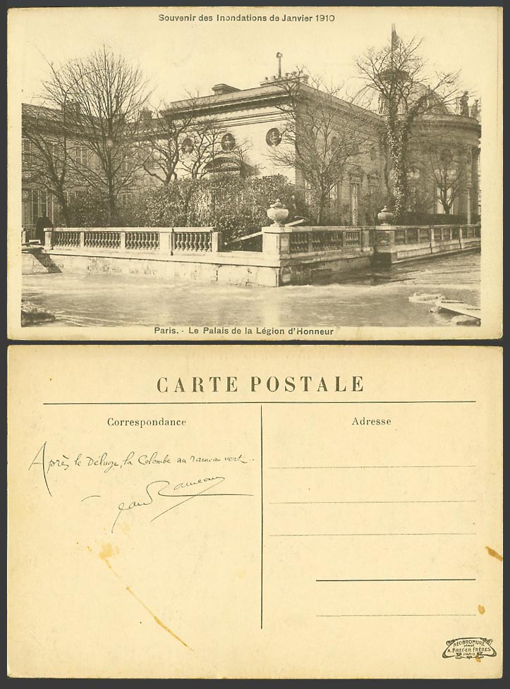 PARIS FLOOD Jan. 1910 Old Postcard Palais de la Legion d'Honneur, Flooded Street