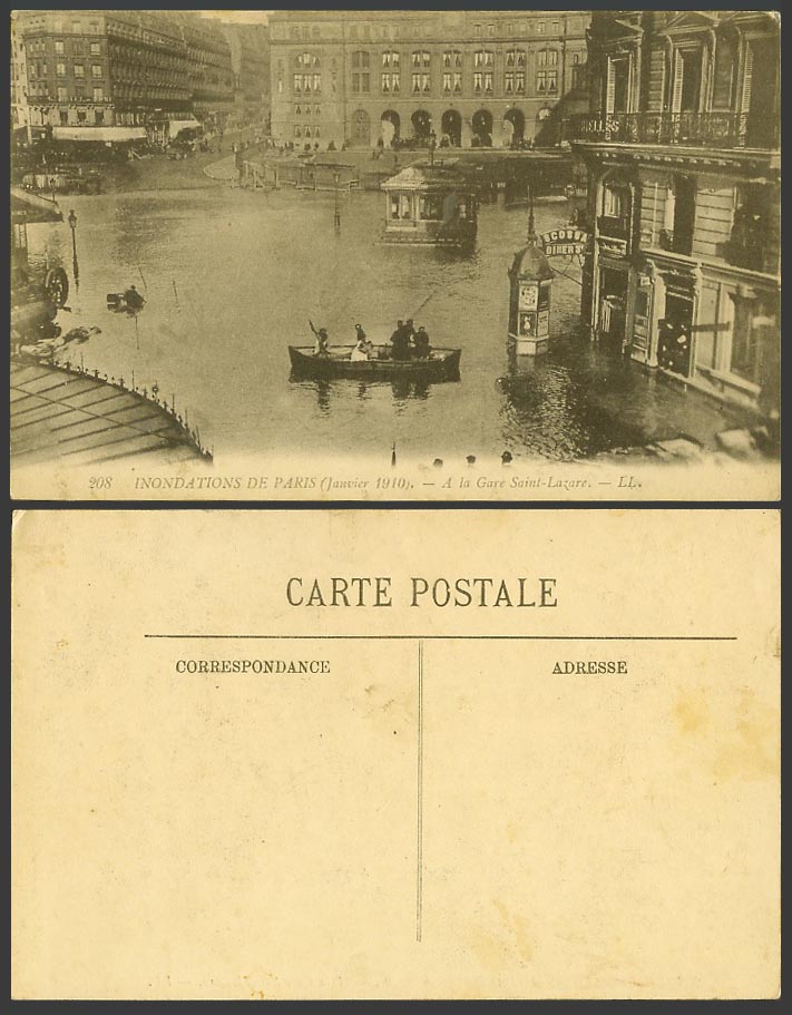PARIS FLOOD 1910 Old Postcard La Gare Saint-Lazare Railway Station Boat L.L. 208