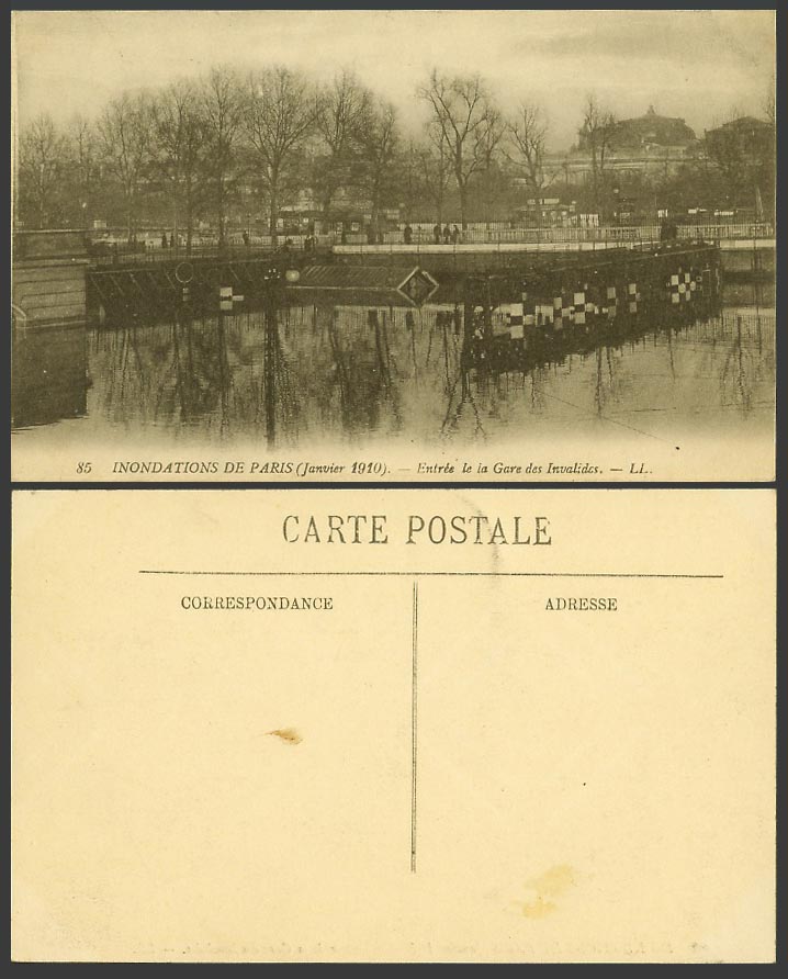 PARIS FLOOD 1910 Old Postcard Entree La Gare des Invalides Railway Station LL 85