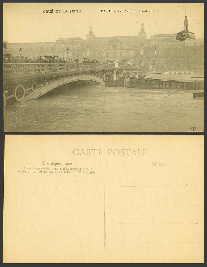 PARIS FLOOD 1910 Old Postcard Le Pont des Saints-Peres Bridge - Crue de la Seine