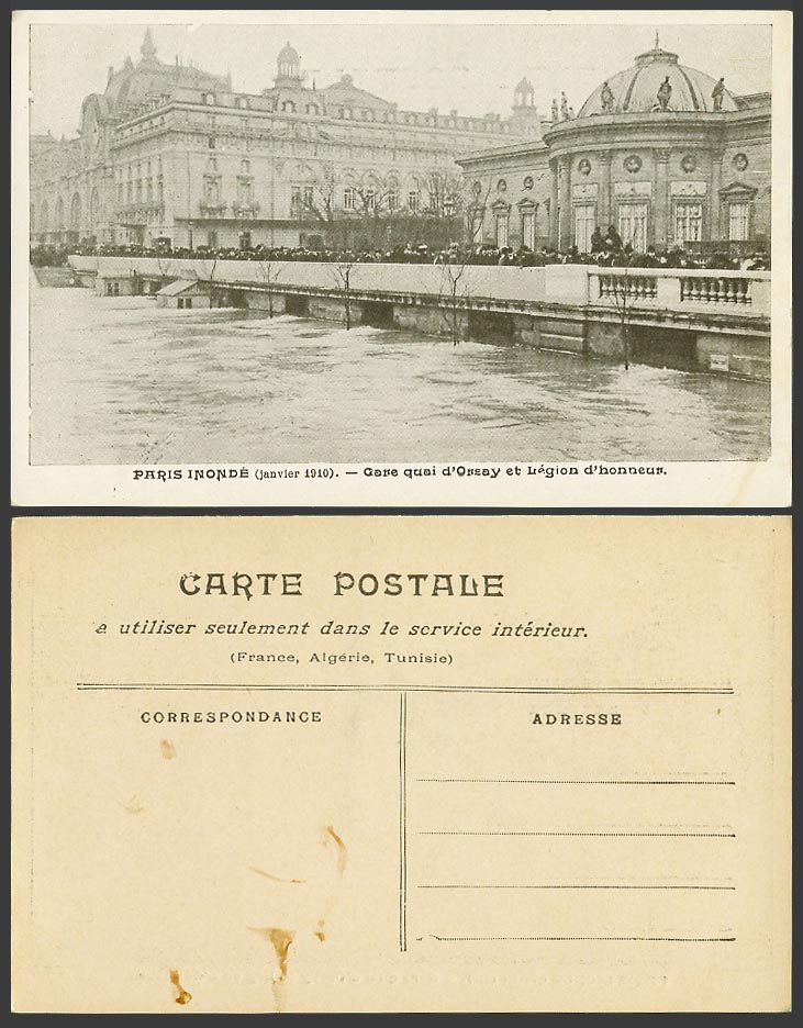 PARIS FLOOD 1910 Old Postcard Gare Quai d'Orsay Legion d'Honneur Railway Station