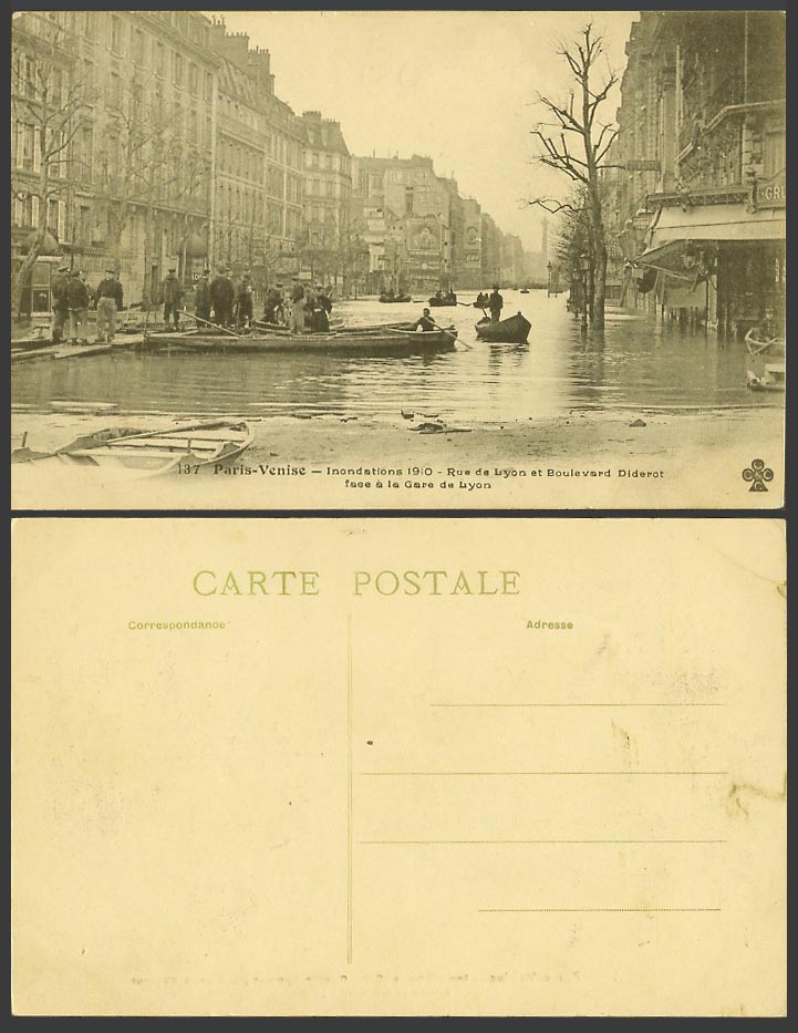 PARIS FLOOD 1910 Postcard Venise Rue de Lyon Boulevard Diderot Gare de Lyon Boat