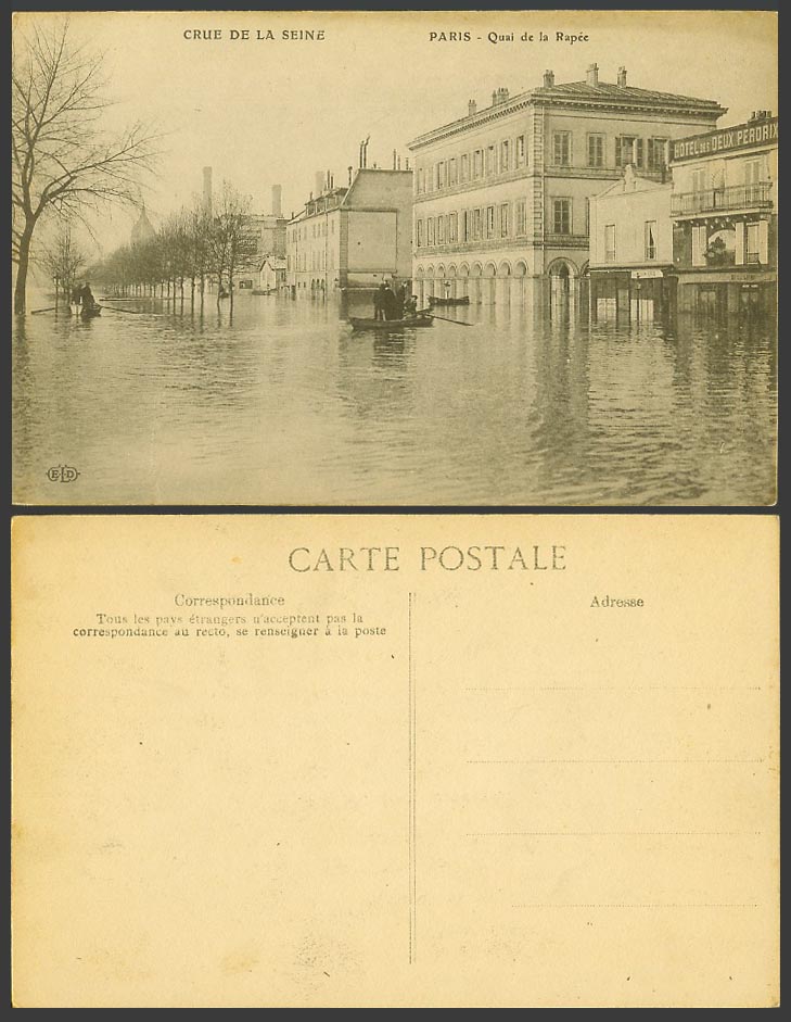 PARIS FLOOD 1910 Old Postcard Quai de La Rapee, Quay Boat Hotel des Deux Perdrix