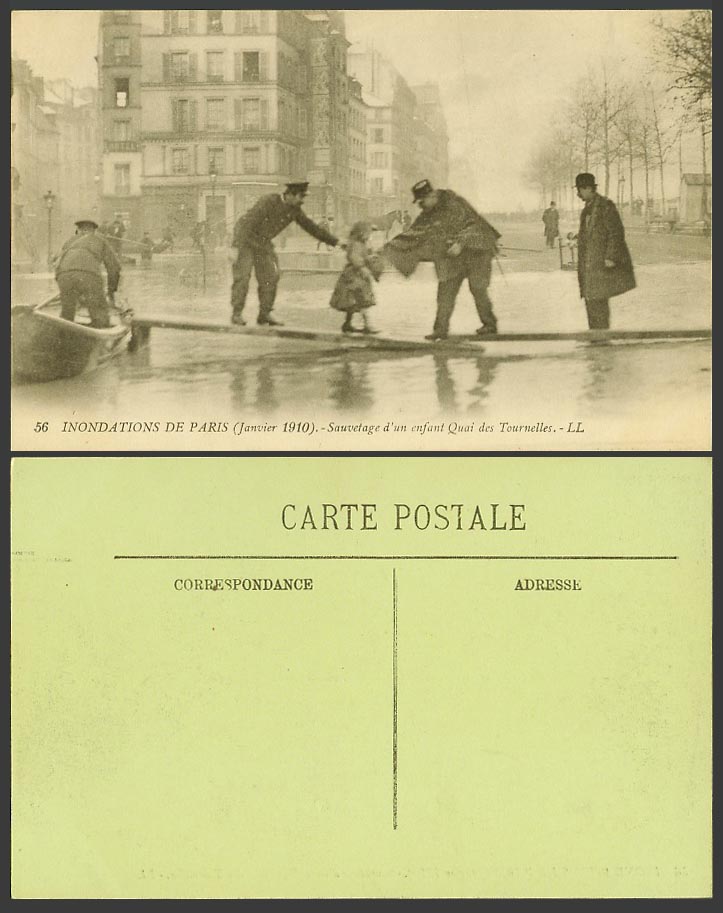 PARIS FLOOD 1910 Postcard Quay Quai des Tournelles Police Saving Girl Boat LL 56