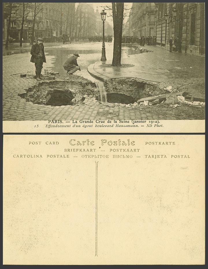 PARIS FLOOD 1910 Old Postcard Boulevard Haussmann Big Holes, Collapse of a Sewer