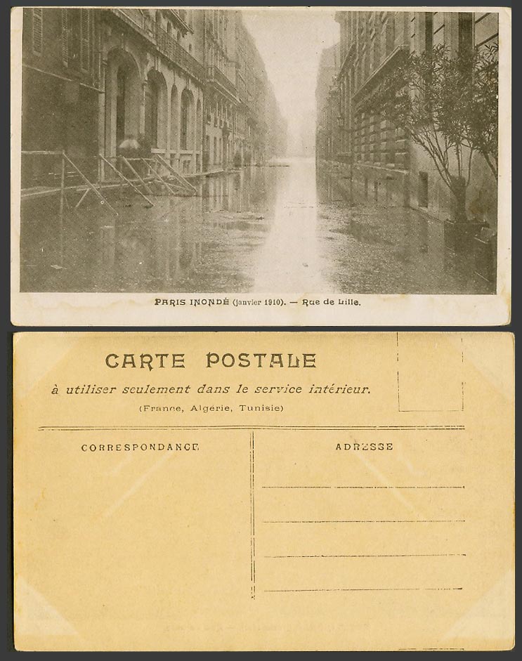 France, PARIS FLOOD Disaster 1910 Old Postcard Rue de Lille Flooded Street Scene