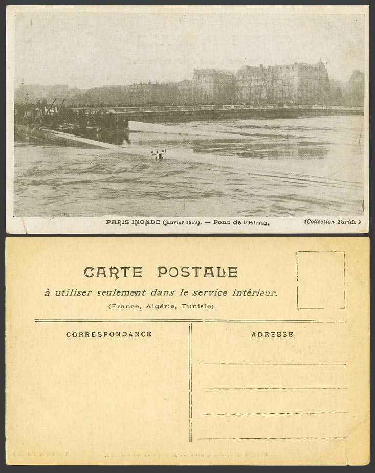 PARIS FLOOD Jan 1910 Old Postcard Pont de l'Alma Alma Bridge Carts Flooded River