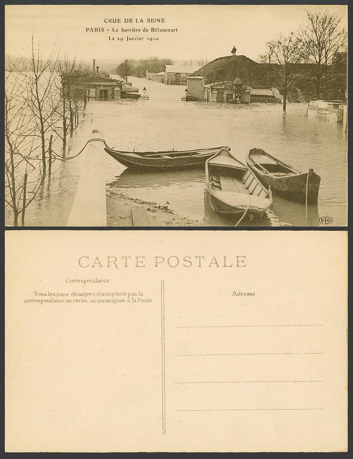 PARIS FLOOD 29 January 910 Old Postcard La Barriere de Billancourt Barrier Boats