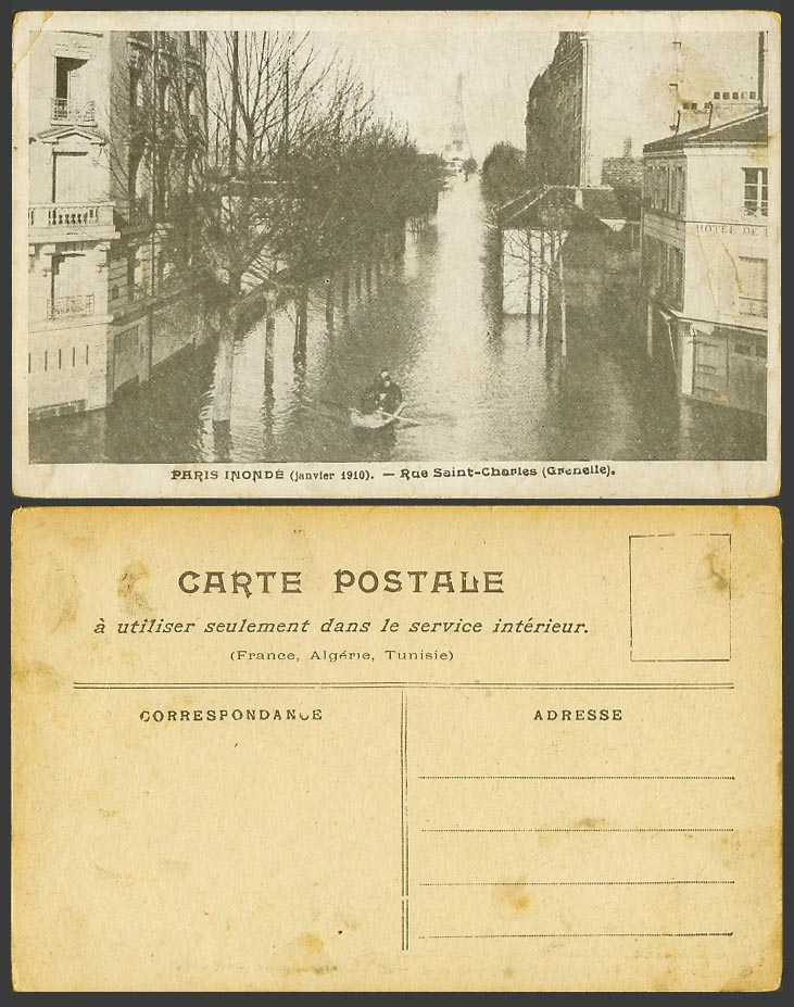 PARIS FLOOD 1910 Old Postcard Rue Saint-Charles Tour Eiffel Tower, Boat Hotel de
