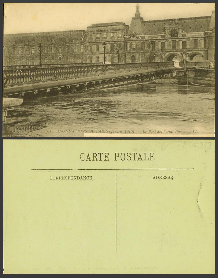 PARIS FLOOD 1910 Old Postcard Pont des Saints-Peres Bridge Flooded River View 61