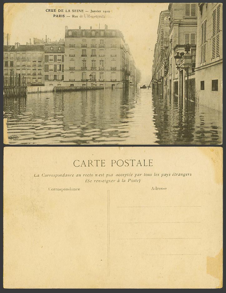 PARIS FLOOD Jan. 1910 Old Postcard Rue de l'Universite Street Flooded University