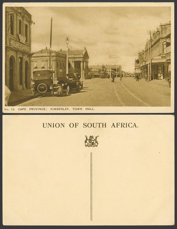 South Africa Old Postcard Cape Province, Kimberley Town Hall TRAM Old Motor Cars