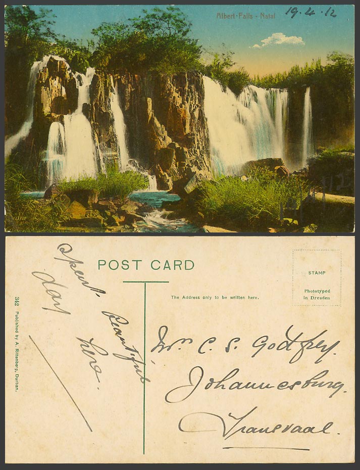 South Africa 1912 Old Colour Postcard Albert Falls, Umgeni River Waterfalls Rock