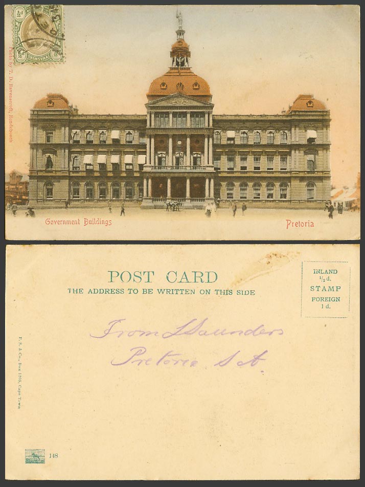 South Africa KE7 1/2d Old Hand Tinted UB Postcard Pretoria, Government Buildings