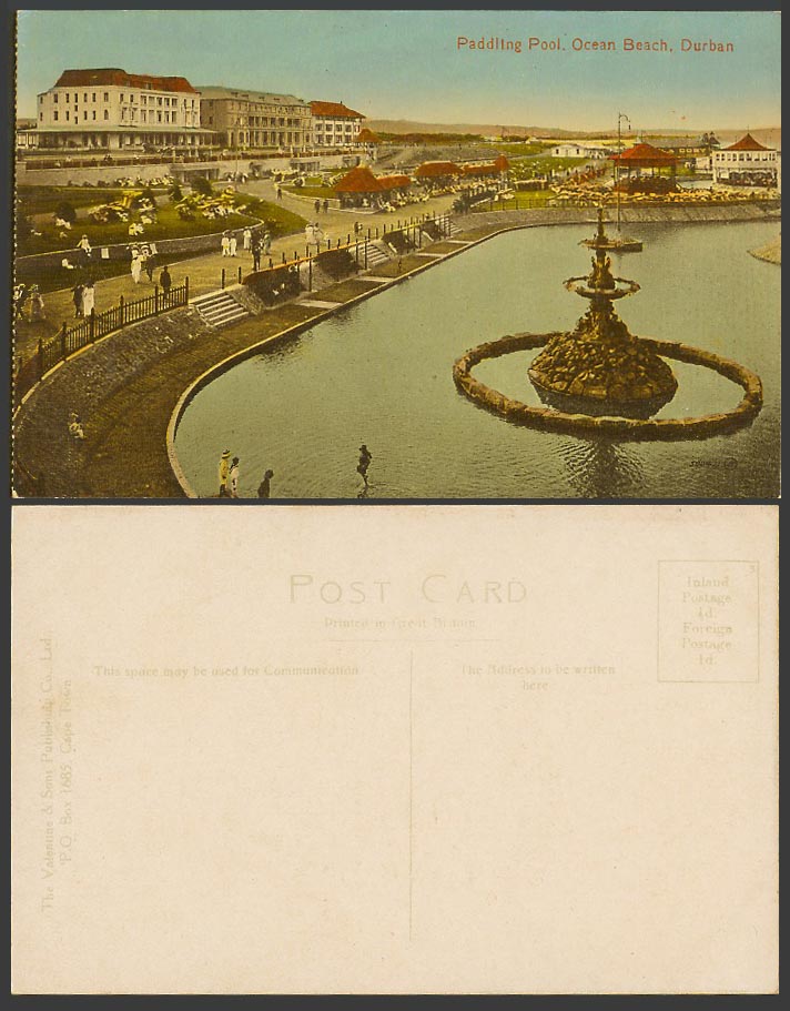 South Africa Old Postcard Paddling Pool, Ocean Beach, Durban, Fountain Bandstand