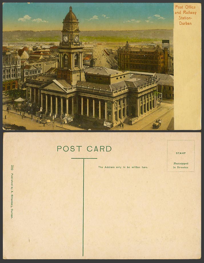 South Africa Old Colour Postcard Post Office Railway Station Durban Street Scene