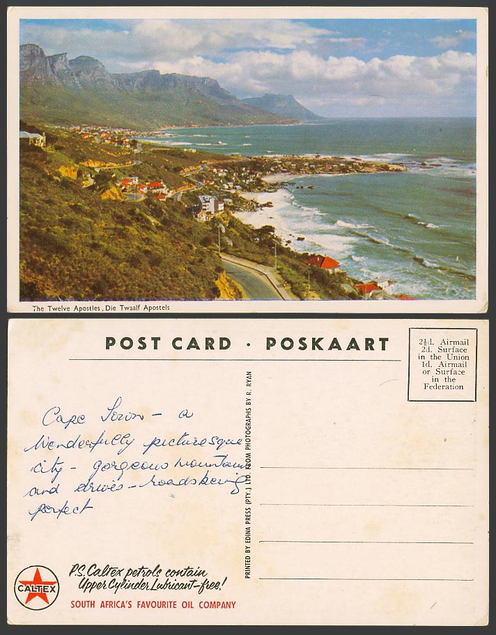 South Africa Old Colour Postcard Twelve Apostles, Cartex Petrols, Lubricant Free