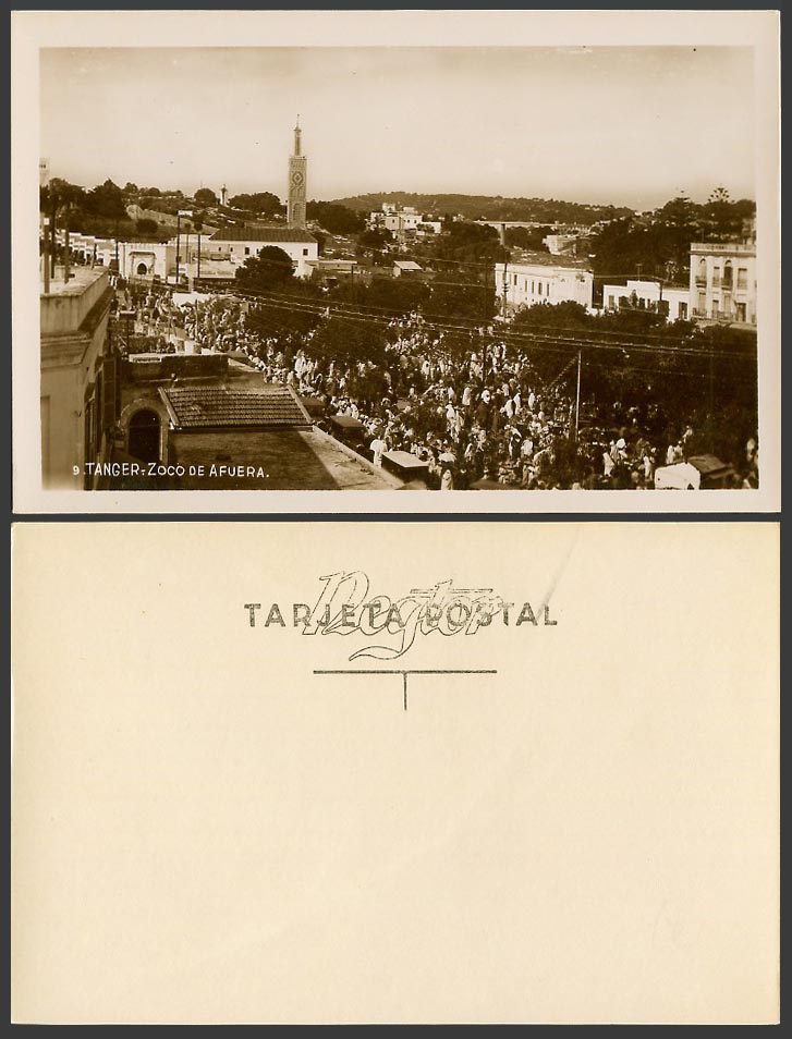 Morocco Old Real Photo Postcard Tanger Zoco de Afuera, Street Scene Mosque Tower