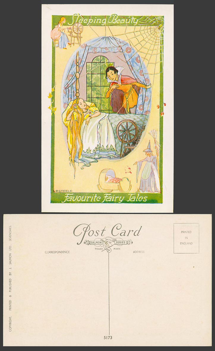 L.R. Steele Old Postcard Sleeping Beauty, Spinning Wheel, Favourite Fairy Tales
