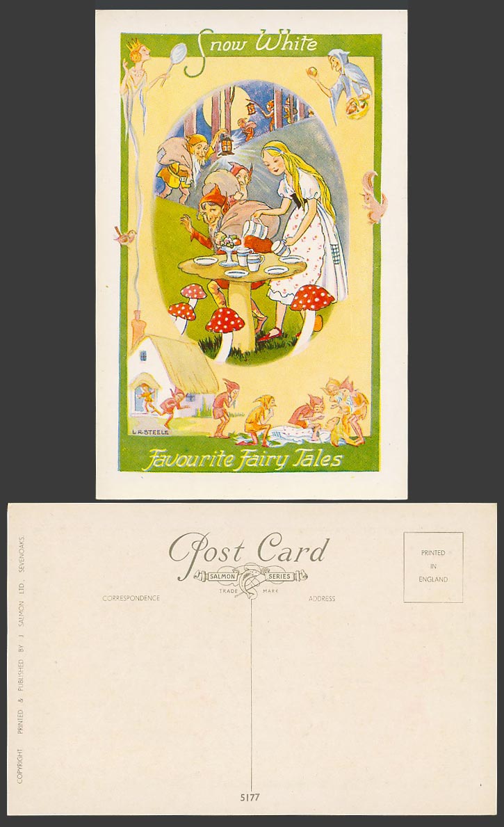 L.R. Steele Old Postcard Snow White & 7 Dwarves Mushrooms, Favourite Fairy Tales
