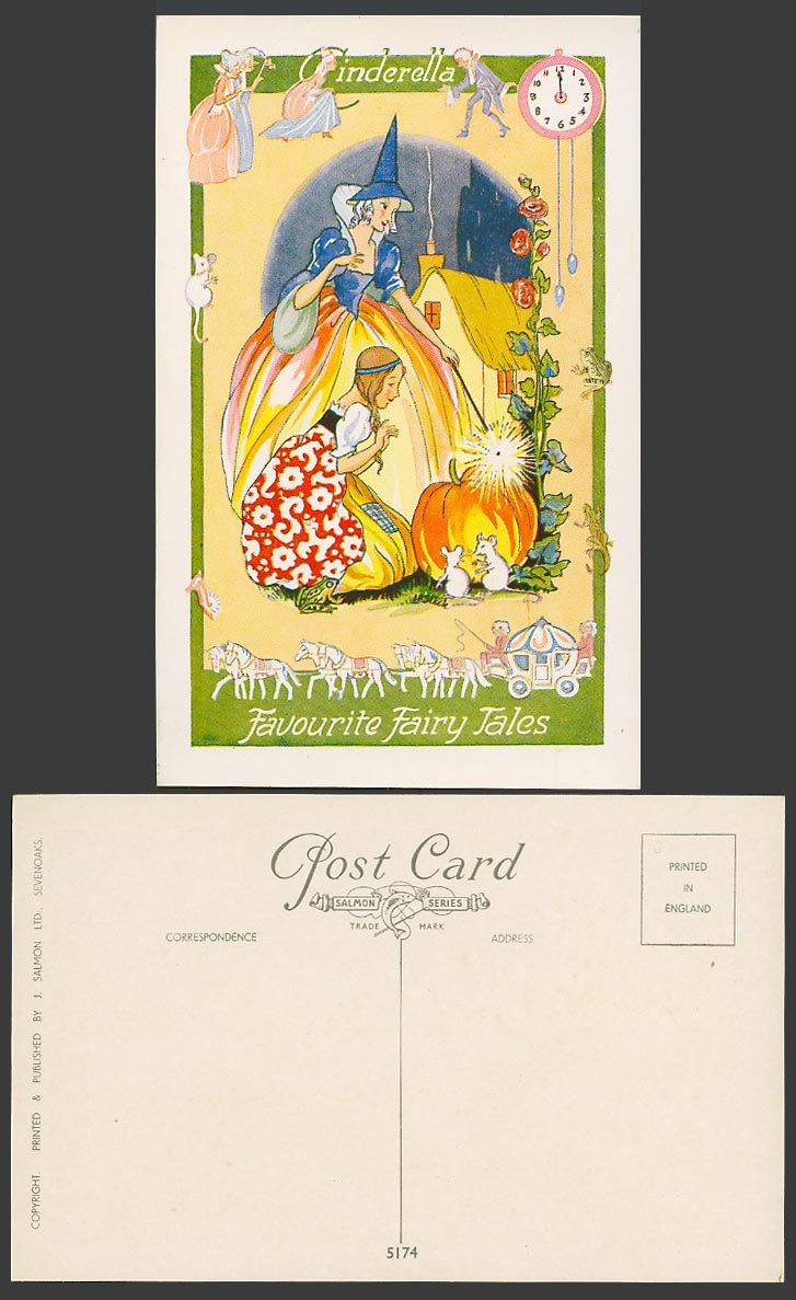 Cinderella Pumpkin Carriage Horses Mice Clock Favourite Fairy Tales Old Postcard