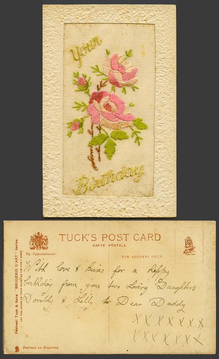 WW1 SILK Embroidered Old Postcard Your Birthday Pink Flowers Tuck's Broderie Art