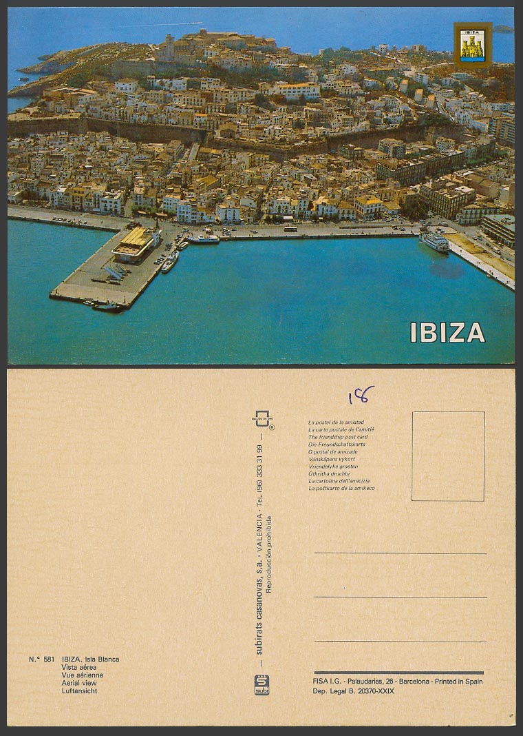 Spain Colour Postcard Ibiza Isla Blanca Aerial View Boats Ships Harbour & Street