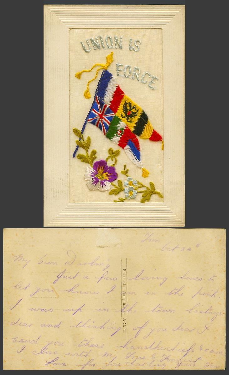 WW1 SILK Embroidered Old Postcard Union is Force, Flowers Flag Flags Novelty JMT