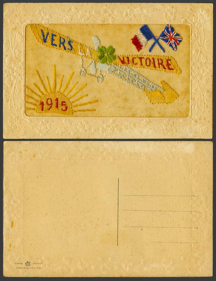 WW1 SILK Embroidered 1915 Old Postcard Monoplane Sun Rays Flags Vers La Victoire