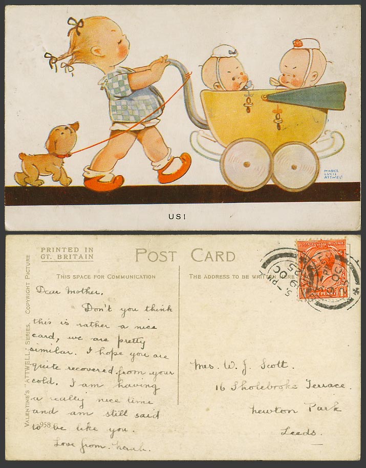 MABEL LUCIE ATTWELL 1925 Old Postcard US! Dog Twins Twin Babies in Pushchair 958