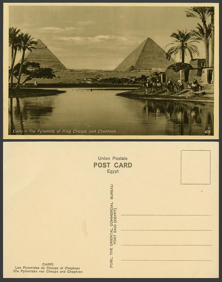 Egypt Old Postcard Cairo Pyramids of King Cheops & Chephren, Camel Riders Camels