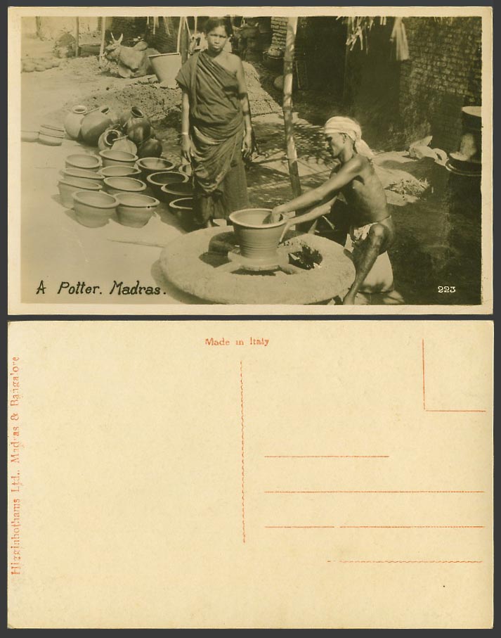 India Old Real Photo Postcard A Potter Madras Pottery Pots Native Woman Lady 223