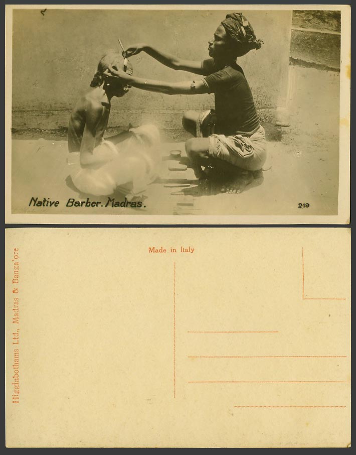 India Old Real Photo Postcard Roadside Native Barber at Work Madras, Ethnic Life