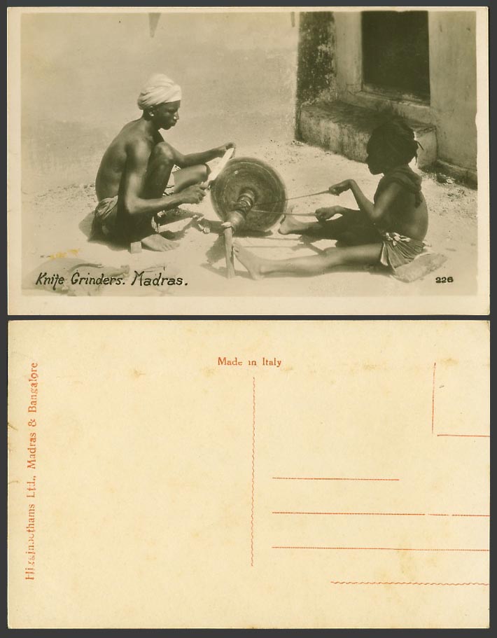 India Old Real Photo Postcard Madras Native Knife Grinders at Work Child No. 226