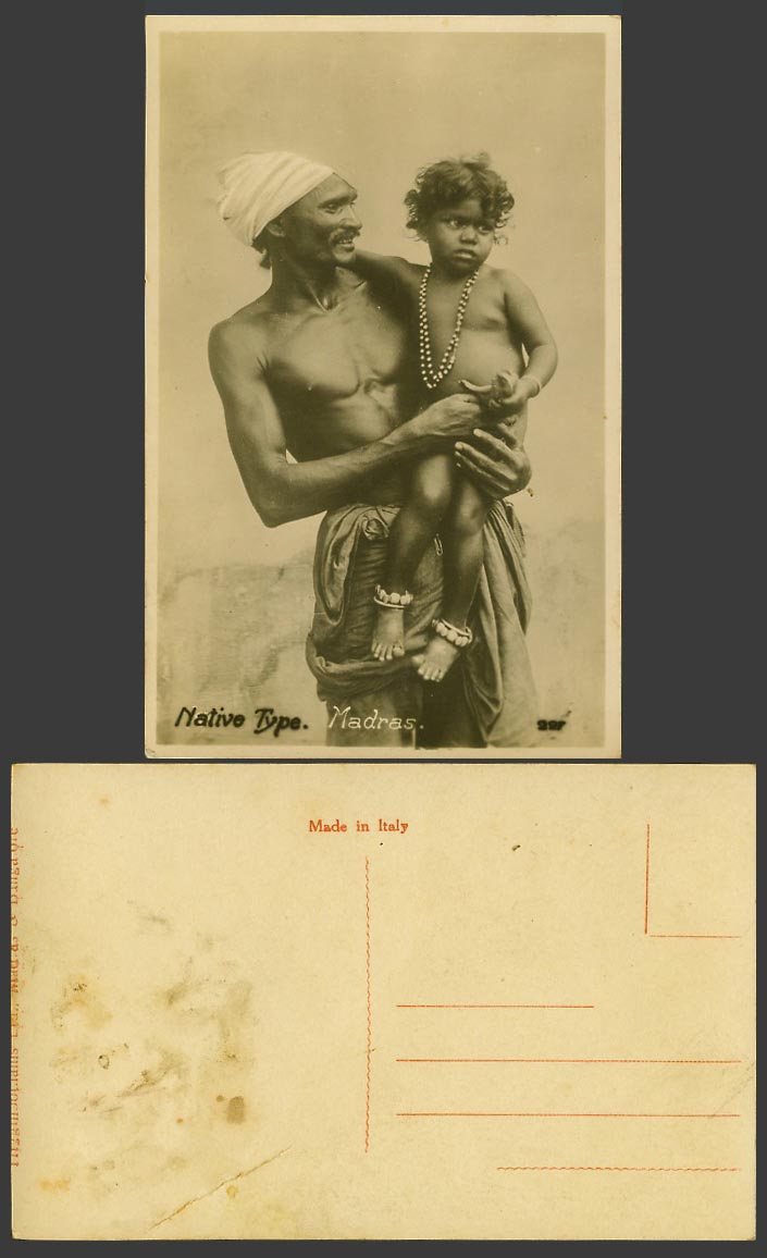 India Old Real Photo Postcard Native Type Madras, Native Man Carrying Baby Child