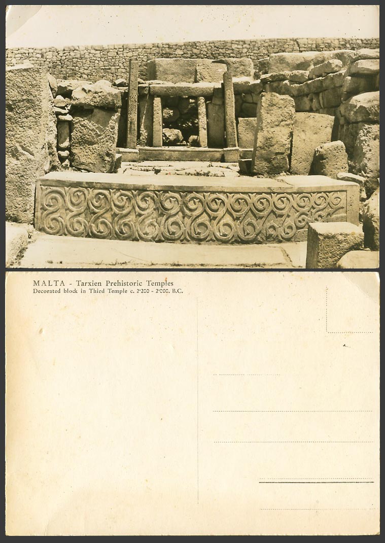 Malta Old RP Postcard Tarxien Prehistoric Temples, Decorated Block in 3rd Temple