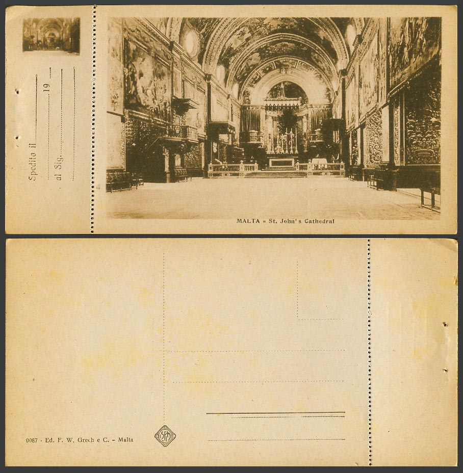 Malta Old Postcard Interior of St. John's Cathedral Church Valletta F.W. Grech e