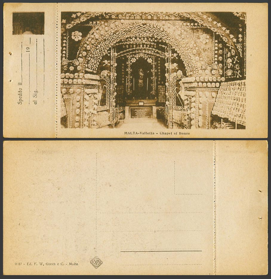 Malta Old Postcard Valletta Chapel of Bones Skulls Church Interior F.W. Grech eC