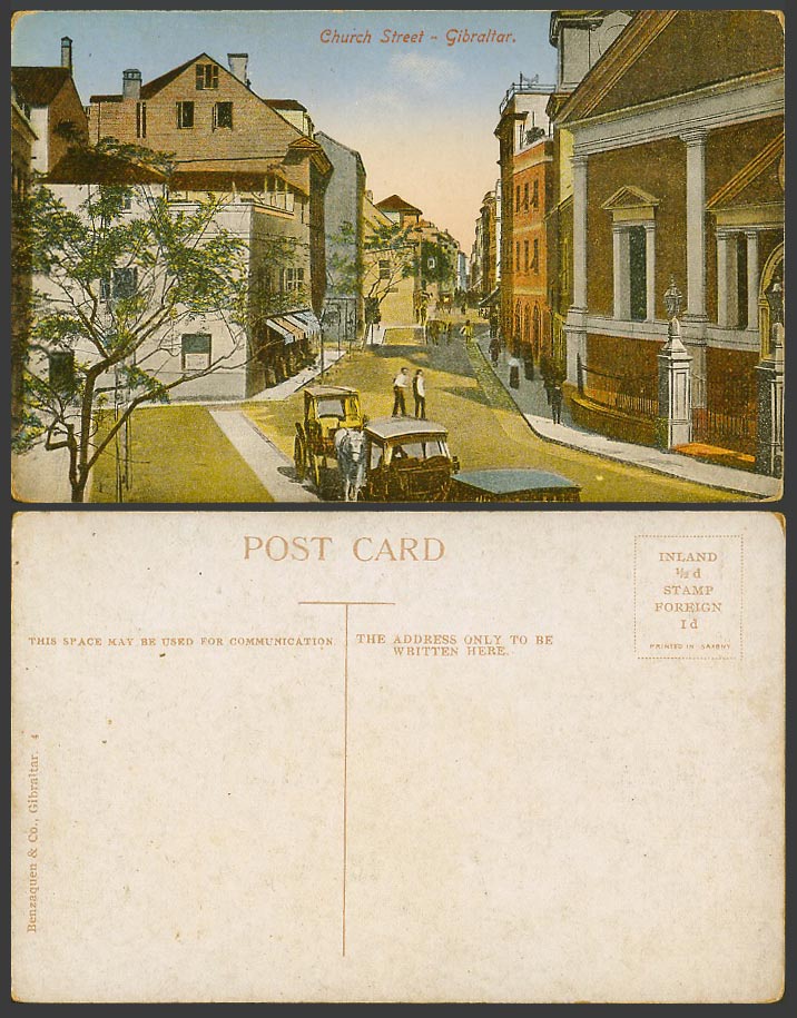 Gibraltar Old Colour Postcard Church Street Scene Horse Carts Benzaquen & Co. 4.