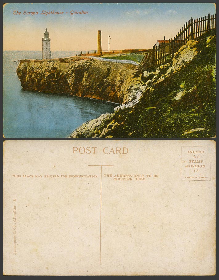 Gibraltar Old Colour Postcard THE EUROPA POINT Lighthouse Benzaquen & Co. No. 8