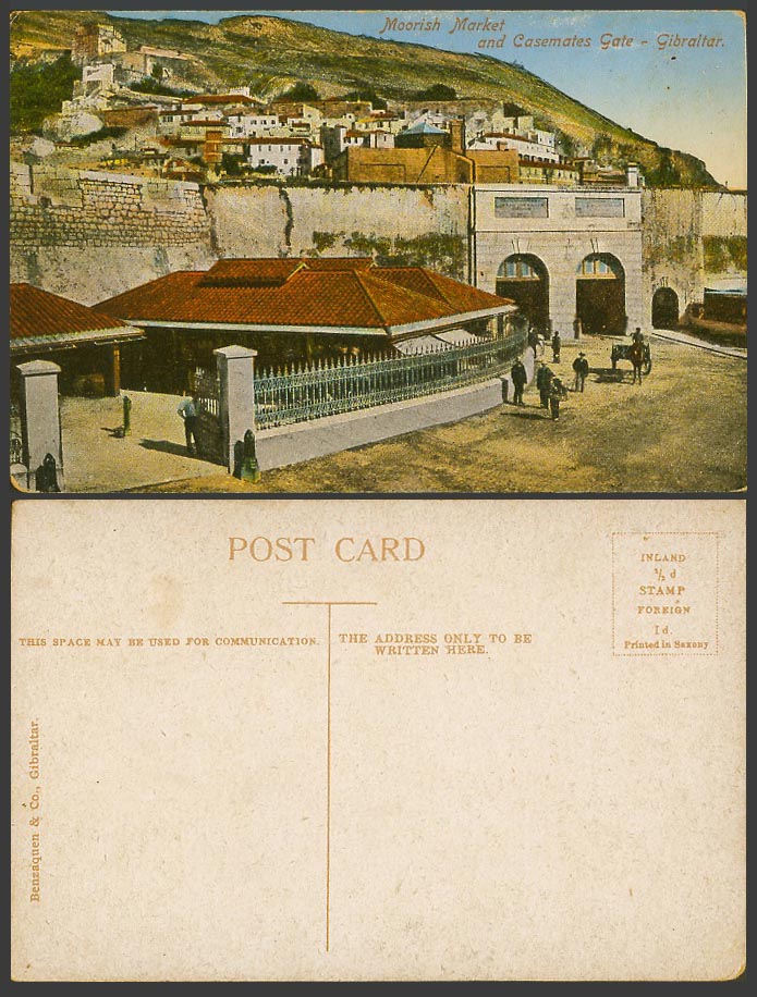 Gibraltar Old Colour Postcard Moorish Market and Casemates Gate and Street Scene