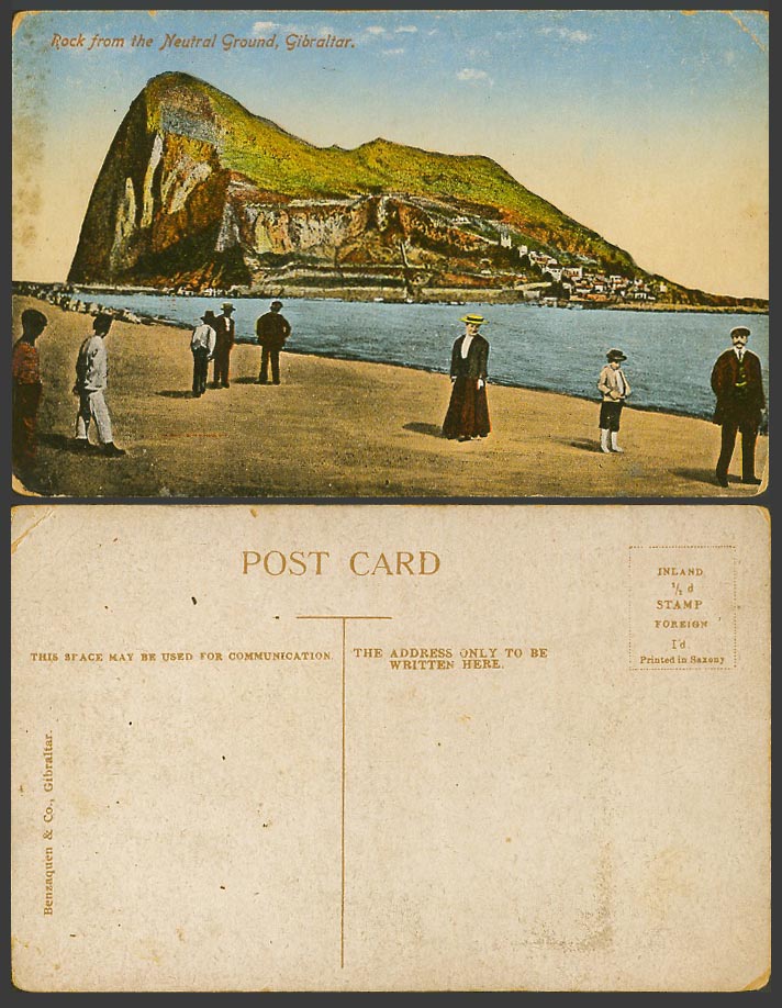 Gibraltar Old Colour Postcard ROCK from The NEUTRAL GROUND, Beach, Men Woman Boy