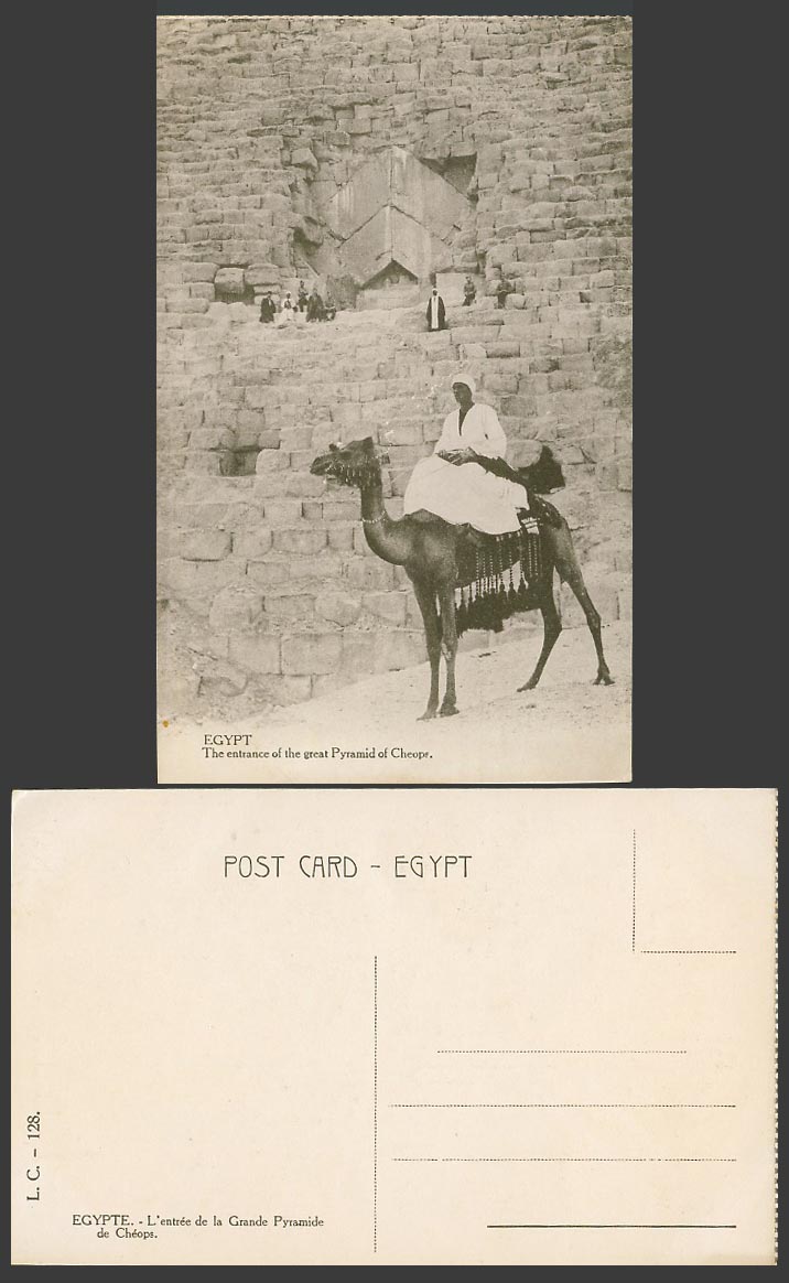 Egypt Old Postcard Entrance of Great Pyramid of CHEOPS Camel Rider Pyramide L.C.