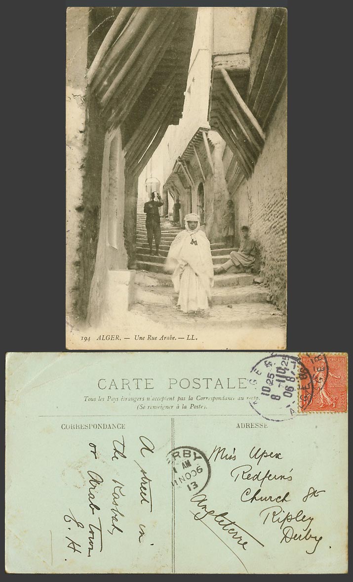 Algeria 10c Sower 1906 Old Postcard Alger Une Rue Arabe Street Scene Steps LL194
