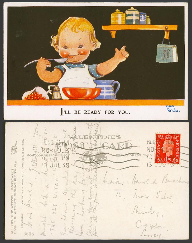 MABEL LUCIE ATTWELL 1939 Old Postcard Girl Cooking I'll Be Ready For You No.3698