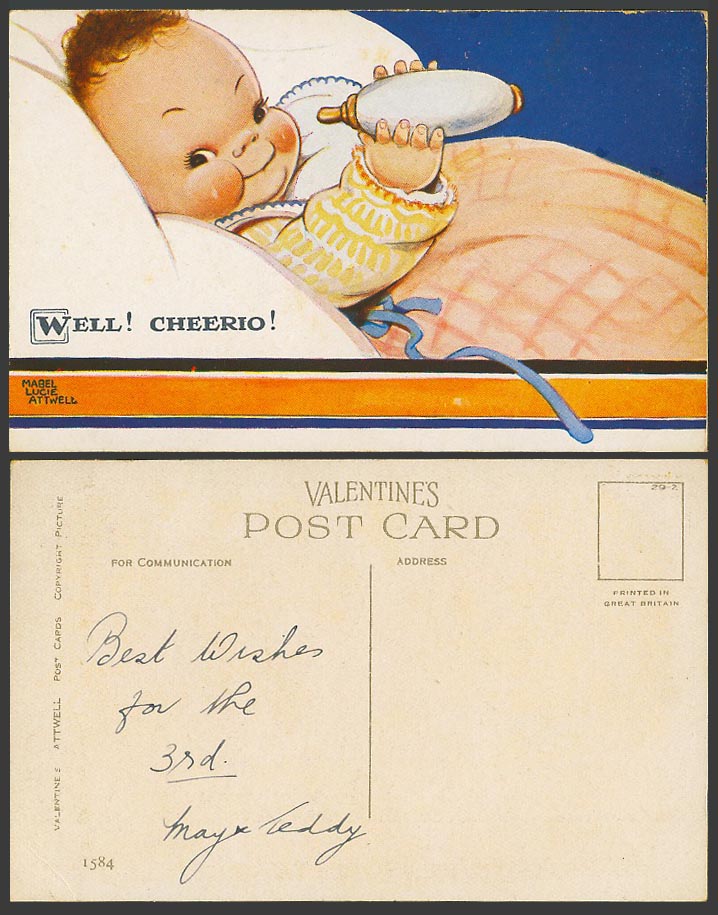 MABEL LUCIE ATTWELL Old Postcard Baby Holding a Milk Bottle. Well! Cheerio! 1584
