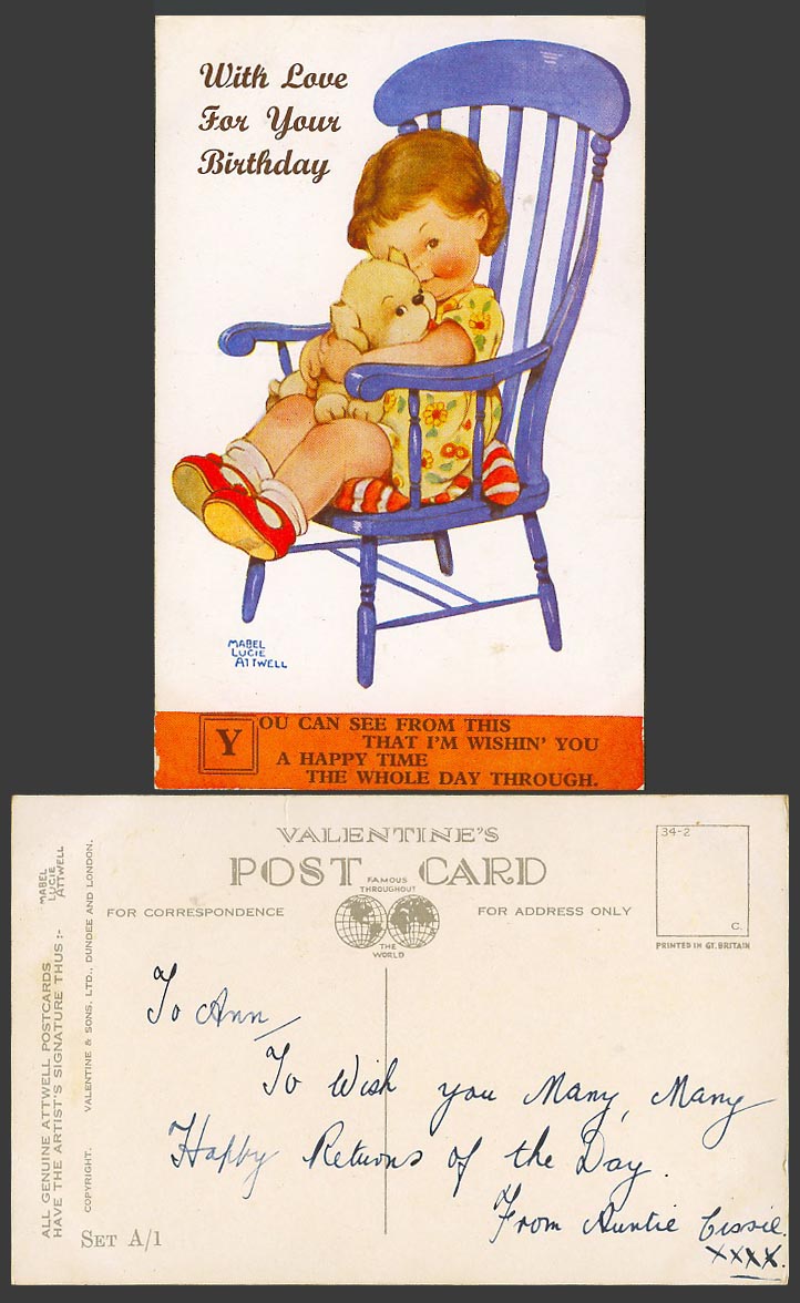 MABEL LUCIE ATTWELL Old Postcard Dog Puppy - With Love For Your Birthday Set A/1