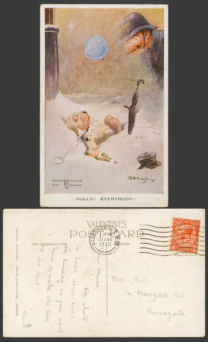 BONZO DOG GE Studdy 1930 Old Postcard Hullo Everybody! Police Drunk Balloon 1129