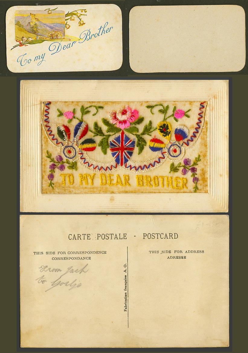WW1 SILK Embroidered French Old Postcard To My Dear Brother Flowers Flags Wallet